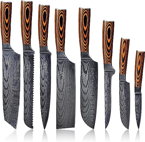 Küchenkompane – 8-teiliges Edelstahl Küchenmesser Set im Damast-Design mit ergonomischem Pakkaholzgriff und Geschenkbox – Scharfe, langlebige Messer für präzises Schneiden – Designed in Germany
