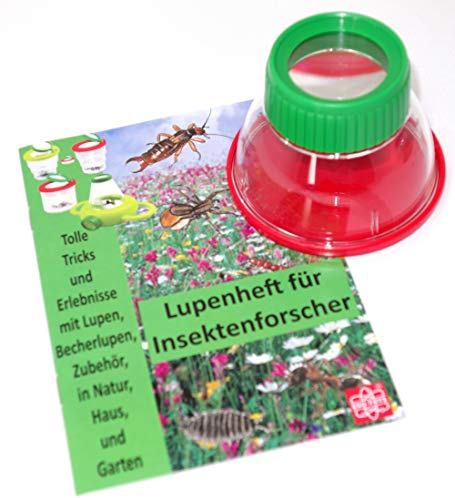 MEDUP Große Lupendose grün-rot mit 6X Vergrößerung mit Lupenheft für Entdecker
