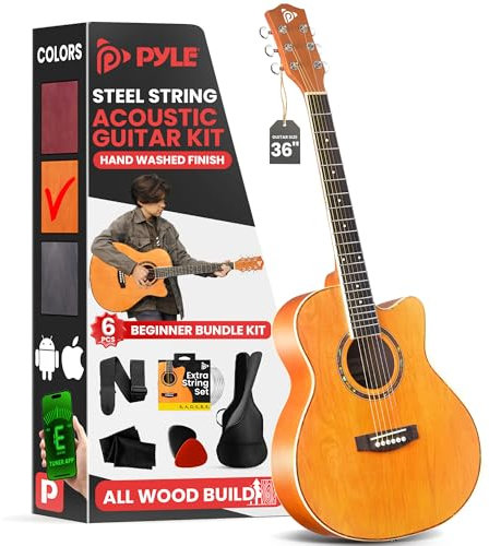 Pyle Akustikgitarren-Set mit Stahlsaiten, 3/4 Juniorgröße, natürliches Lindenholz, mattes Finish, Instrument mit Gigbag, Stimmgerät, extra Saiten, Plektren, Gurt, für Anfänger, Erwachsene