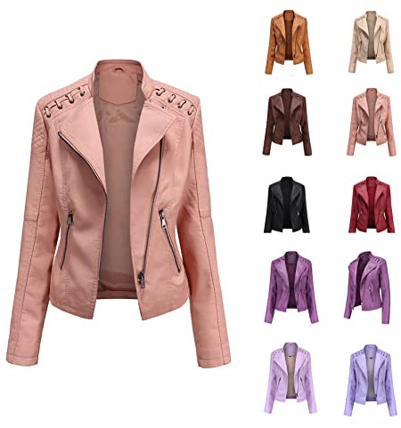 Easyoyo Vestes en cuir synthétique pour femme - Manteau court en similicuir vegan - Tendance, rose, Medium