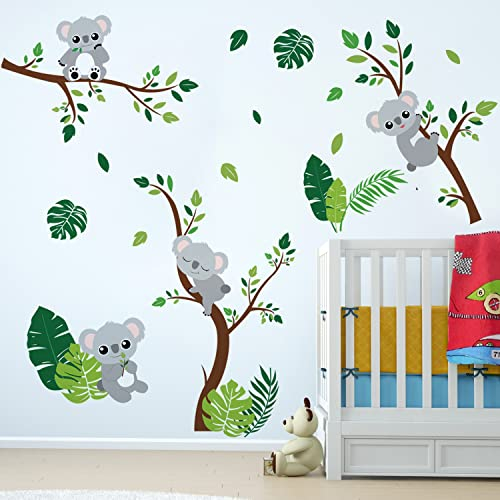 Runtoo Wandtattoo Koala Baby Wandsticker Baum Tiere Palmen Blätter Wandaufkleber Kinderzimmer Babyzimmer Mädchen Junge Wanddeko