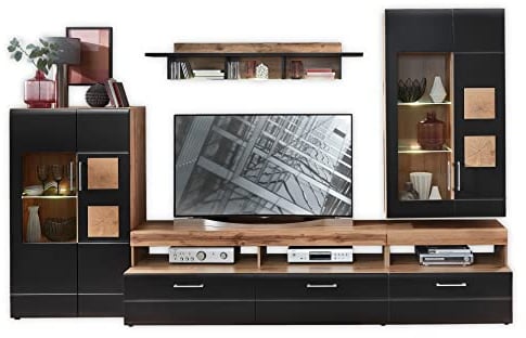 Stella Trading SONATE Wohnwand Komplett-Set in Eiche Altholz Optik, Schwarz - Moderne Schrankwand mit LED-Beleuchtung für Ihr Wohnzimmer - 330 x 208 x 52 cm (B/H/T)