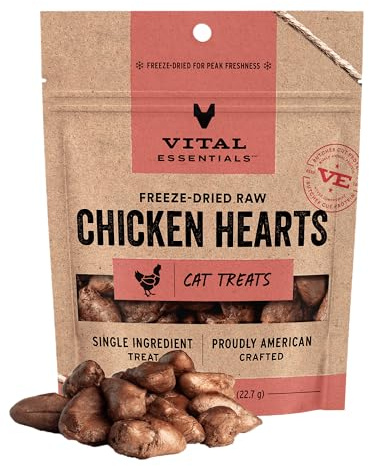 Vital Essentials Freeze Dried Raw Chicken Hearts Cat Treats | Single Ingredient | Premium Quality | Grain Free, Healthy Treats for Cats, 0.8 oz Bag
