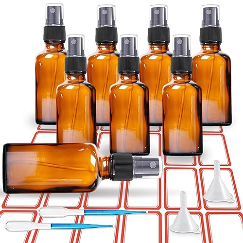TUAKIMCE 8x30ml Glas Sprühflasche Braunglas Leere Zerstäuber Parfümzerstäuber Glas Sprühflasche für ätherische Öle,Reiseflüssigkeit, Sprühflasche Set mit Trichter und Etikettenaufkleber (Braun)
