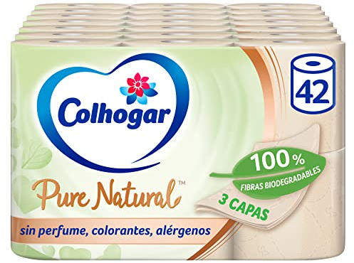 Colhogar Pure Natural Lot de 42 rouleaux de papier toilette biodégradable doux et résistant à 3 couches de papier toilette testé dermatologiquement 42 rouleaux