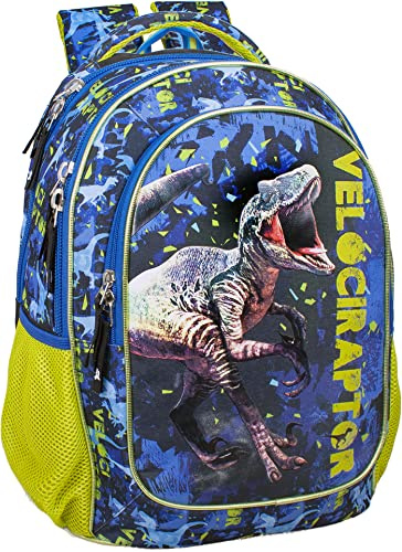 Julian Ross Dinosaurier Velociraptor Ergonomischer Schulrucksack für Kinder, 33x15x43cm, 3 Fächer, Netz für Trinkflasche, Gepolsterte Träger, Griff, Gefüttertes Innenfach, Rucksack Jungen