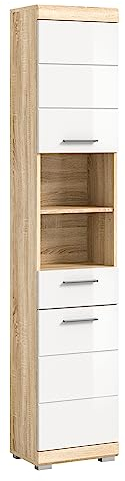 xonox.home Badezimmer Lambada X06F1711 Hochschrank Schrank Badezimmerschrank in Front weiß Hochglanz Korpus Sonoma Eiche hell ca.37x191x31 cm