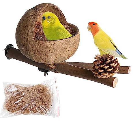 Fukamou Vogelnest Aus Natürlichem Kokosnuss Muschel | Kokos Gehäuse Vogel Nest Mit Zweigen Und Kokosraspeln | Hängende Vogelnesthöhlen Für Wellensittiche, Nymphensittiche, Kanarienvogel, Finken.
