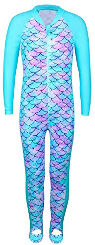 HUAANIUE Girls Kids One-Piece Swimsuit Anti-UV UPF 50+ Kids Girls Full Protection Swimsuit Zipper Long Sleeve and Patalon Long 1-10 Years, S243-cyan scales, 2-3 Years