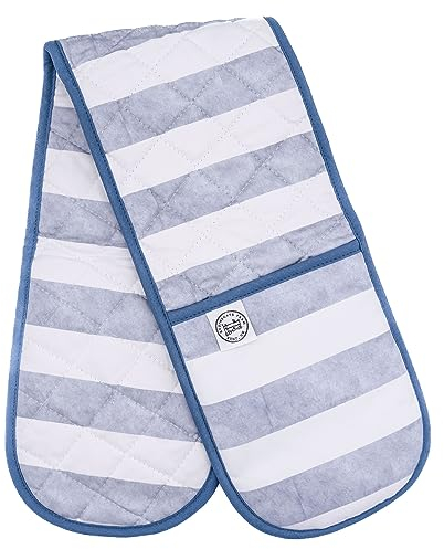 Double Oven Gloves | Heat Resistant To 250C | Independently Tested And Certified | Robinsgate Farm® Extra-Long Length Oven Mitts | Free Recipe Card | UK Brand | Blue and White Stripe (Multi)