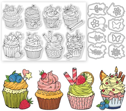 GLOBLELAND 2 Stück Transparente Cupcake-Stempel Und Stanzformen, Cupcake-Stempel Und Präge-Stanzformen, Silikon-Stempelkarten Und Metall-Stanzformen Für Kartenherstellung Und DIY-Präge-Scrapbooking