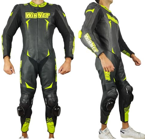 WinNet Tuta intera racing da moto in pelle protezioni interne Omologate CE ed esterne fluo