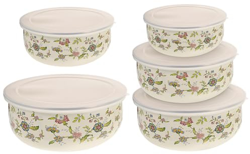 ABOOFAN 5pcs Enamel Mixing Bowls Soup Bowls Fruit Bowls Nesting Bowls with Lids Salad Serving Bowl Pasta Bowl Storage Bowls with Lids for Home Kitchen
