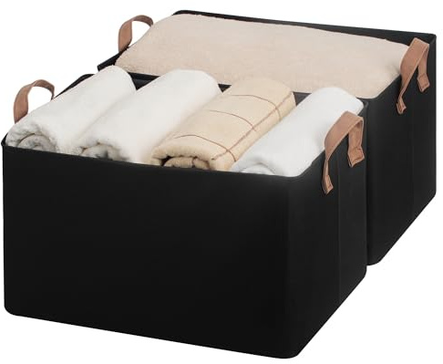 StorageWorks Körbe Aufbewahrung, Kleiderschrank Organizer für Regale, extra große Aufbewahrungskörbe mit Metallrahmen, Stoff Aufbewahrungskiste für Kleidung, Handtücher, schwarz, 2 Stück