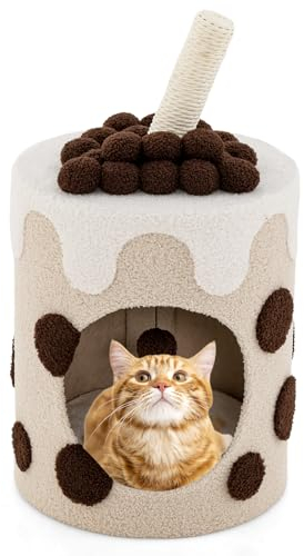 SOARS Kratzbaum klein, Kratztonne Perlenmilchtee Form, Katzenbaum mit Katzenkratzsäule & aufgehängter Ball, Katzenhöhle, Katzenmöbel, 37 x 37 x 67cm (Kaffee)