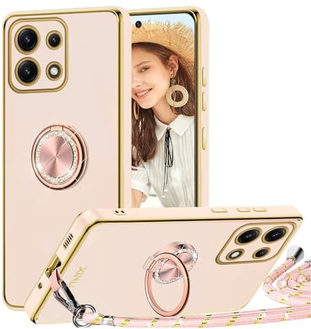 TVVTPU Coque pour Xiaomi Redmi Note 13 4G avec Cordon et 360 Degrés Anneau Support, Étui Housse Antichoc Souple Silicone TPU Bumper Portable Protection Case avec Amovible Collier, Rose
