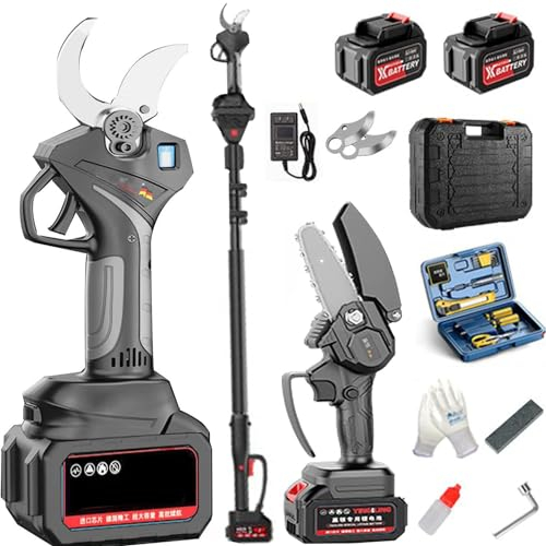 UdaCa Sécateur électrique avec 2 Batteries Rechargeables et Perche d'extension de portée, sécateur de Jardinage télescopique à Long Manche diamètre de Coupe 50 mm sécateur de Ciseaux de Branche