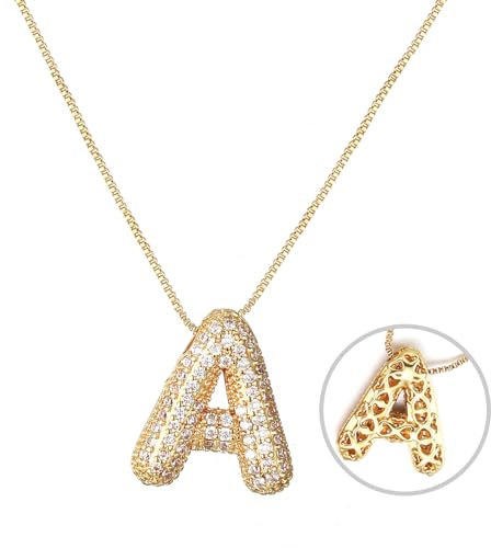 RWQIAN Bubble Buchstaben Kette Gold A Damen Balloon Initialen Haskette Bling Zirkonia Buchstaben Kette Anhänger Blase Letter Schmuck Geschenke für Frauen