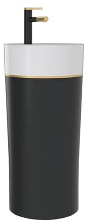 Lavabo sur pied, lavabo à colonne en céramique moderne monobloc, lavabo rond de 15,7 po for salle de bain, lavabo sur pied avec kit de vidange, robinet et miroir(Color:Noir,Size:A)