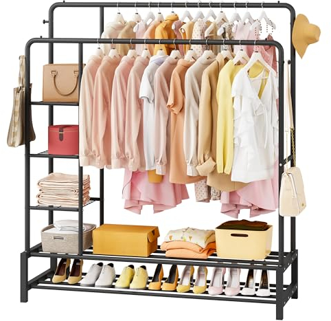 JOISCOPE Breite Kleiderständer, 170x120cm Kleiderständer aus Metall mit 2 Kleiderstange, 4 Haken, 3 Seitenregalen und 2 Unteres Schuhregal Multifunktional Kleiderständer mit Ablage, Schwarz