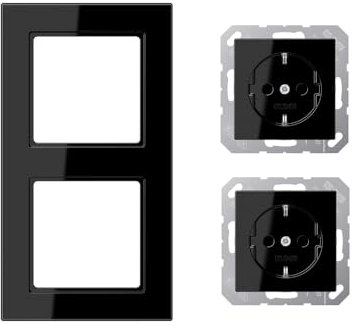 Jung SCHUKO Set Schwarz Serie A AC582SW Rahmen 2-fach + 2x A1520KISW SCHUKO® Steckdose mit Berührungsschutz
