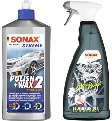SONAX XTREME Polish+Wax 2 (500 ml) schonende Politur & FelgenBeast (1 Liter) Felgenreiniger für alle polierten, verchromten und matten Stahl- & Leichtmetallfelgen | Art-Nr. 04333000