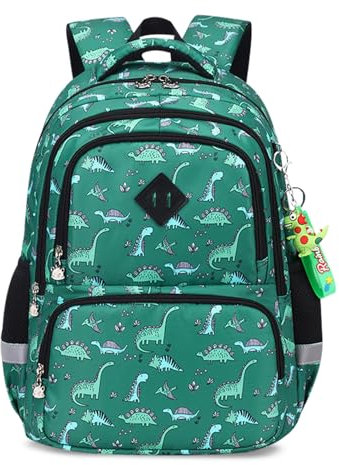 FANDARE Kinderrucksack Jungen Mädchen Dinosaurier Kinder Rucksack lässig Kinderrucksack Schulranzen mit reflektierenden Streifen Daypacks Schulrucksack Büchertaschen Tagesrucksack grün