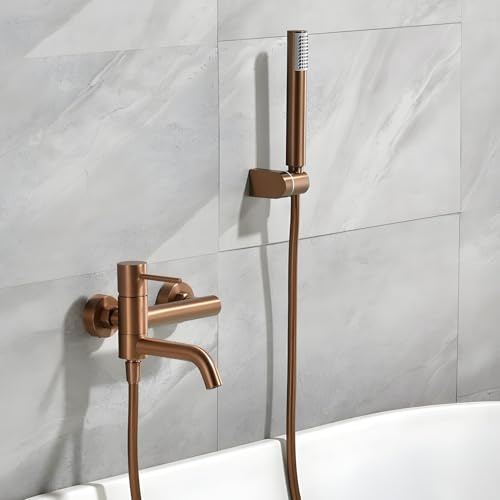 IMEX - Robinet Baignoire et Douche Monocommande Or Rose | Robinet Mitigeur Mural avec Support Pommeau de Douche et Flexible | Robinetterie en Laiton et Acier Inoxydable S.304 | Série Monza