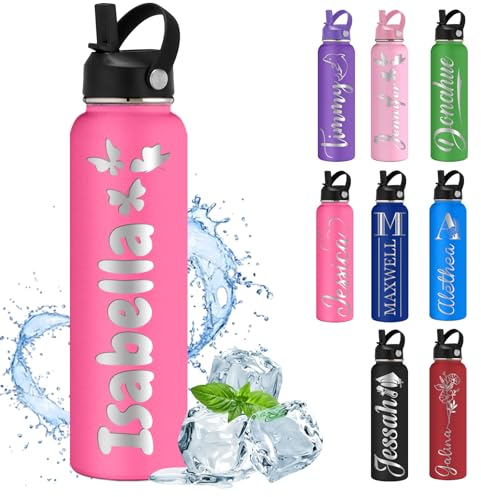 MiNaSii Custom Water Bottle Personalised Water Bottles with Straw Lid Name Engraved Insulated Stainless Steel Bottles for School Customised Double Wall 12 18 24 32 40 oz