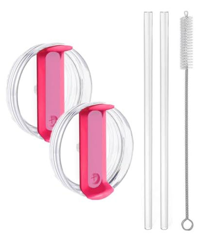 2pcs Tumbler Lid for Stanley 40oz Cup,Replacement 40 oz Tumbler Lid,2Pcs Extra Long Reusable Straws and 1Pcs Cleaning Brush (Hot Pink)