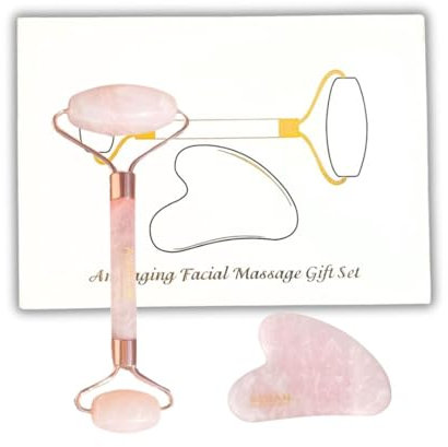 Jade Roller set, Gesichtsroller Rosenquarz, Skin Care, Gua Sha Set, Gesichtsroller aus Jade, Rollmassierer, Skincare, Gua Sha aus Jade, Beruhigt und Entspannt die Haut (Rosa)