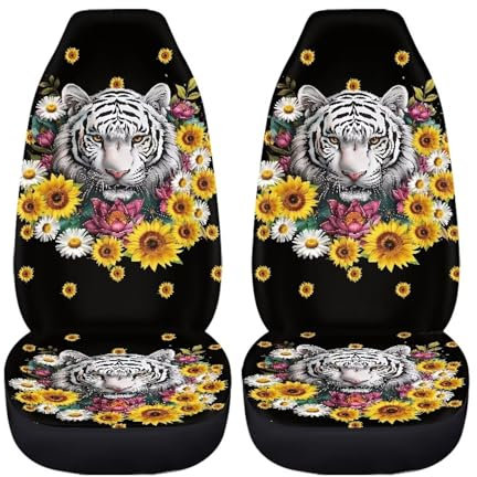 Xoenoiee Autositzbezüge mit Tiger-Sonnenblumen- und Gänseblümchen-Druck, ultraweich, hohe Rückenlehne, Vordersitzbezüge, universelle Passform für SUV, Limousine, Van, 2 Stück
