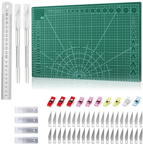 Xmart Tapis de Découpe A3 Double Face Tapis Coupe Autocicatrisan Plaque Découpe avec Règle en Acier 2 Couteaux à Découper 42 Lames 10 Pince à Coudre Cutting Mat pour Bricolage Artisanat Dessin