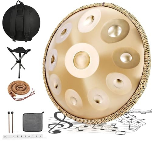 Handpan 440 Hz, 10 Töne 22 Zoll Steel Instrument, Handpan Drum Gold in D Minor Zungentrommel mit Weicher Tasche, Schlägeln, Handtrommelständer (Gold, 10 Töne 22 Zoll)