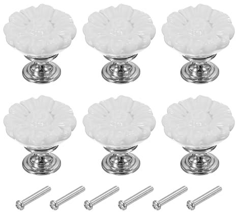 PATIKIL Vintage Floral Knobs, 1-5/16 Round, 6 Pcs White Ceramic & Zinc Alloy Drawer Knobs with Screw for Kitchen, Bathroom, Cupboard, Wardrobe