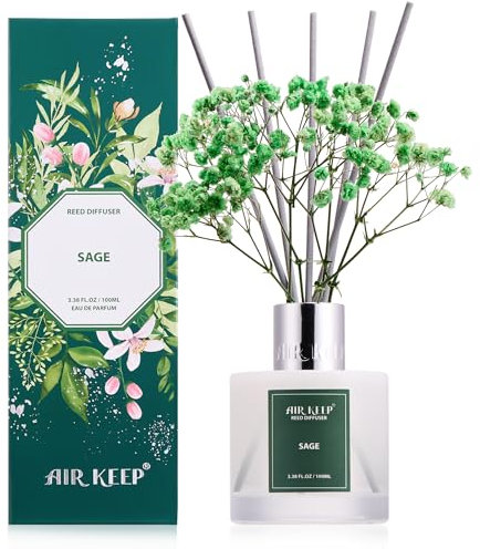 Airkeep Raumduft Salbei Duft, Reed Diffuser mit 8 Duftstäbchen, Lufterfrischer für Badezimmer, Wohnung, Heimdekoration, 100ml
