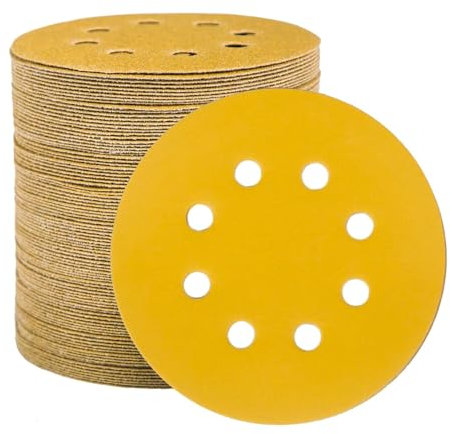 STEBRUAM 100pcs 125mm sanding discs, Sanding Discs Pads for Random Orbital Sander pads and All Oscillating Tools, yellow sanding discs 125mm Hook and Loop 220 Grit 8 Hole 5 Inch Round