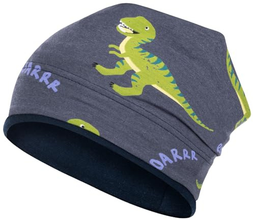 Smarillo Jungen Mütze Übergangsmütze Beanie Dinosaurier Frühling Herbst Baumwolle, Bekleidungsgröße: 54-56, Farbe: Dunkelblau-Grün