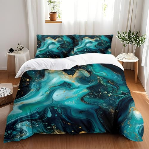 Bettwäsche 135x200 Dunkelblaues Gold Bettdecke Polyester Waschbar enthalten Kissenbezug 80x80 Bettdecken Weiche Atmung Bettbezug mit Reißverschluss Bettwäsche-Sets