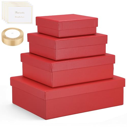 EUSOAR Geschenkboxen mit Deckel - 4 Stück Rot Gift Boxes Set - Pappkarton Geschenk Verpackung Box - Geschenkkiste mit 4 Gift Cards 1 Band - Rot Geschenkbox Geburtstag Hochzeit Party