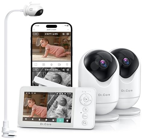 Dr.Care Baby Monitor WiFi 1080p, 2 telecamere, 4, App & 1 supporto clip – Avviso movimento/zona, audio bidirezionale, 2500mAh, portata 390m, visione notturna HD, rilev. T°/umidità, VistaView Lite RB