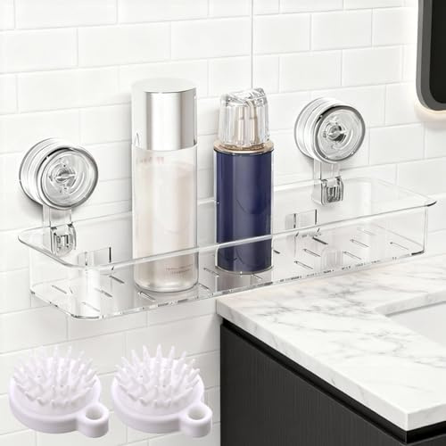 Clear Shower Caddy - Plastic Suction Bathroom Shelf, Shower Tidy No-Drilling Bath Accessories, Baskets Wall Mounted Bathroom Rack, Storage Organiser for Shampoo Conditioner Soap Dorm Kitchen