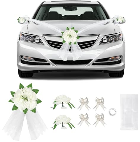 SUPAWAY Auto Hochzeitsschmuck Set Dekoration Blumen Autofront Tüllstreifen | mit 1x Blumen Autofront, 4,7m Tüllstreifen, 2x Rückspiegelblumen, 4x Schleifen-Dekoband Universell Einsetzbar, Hochzeit Party