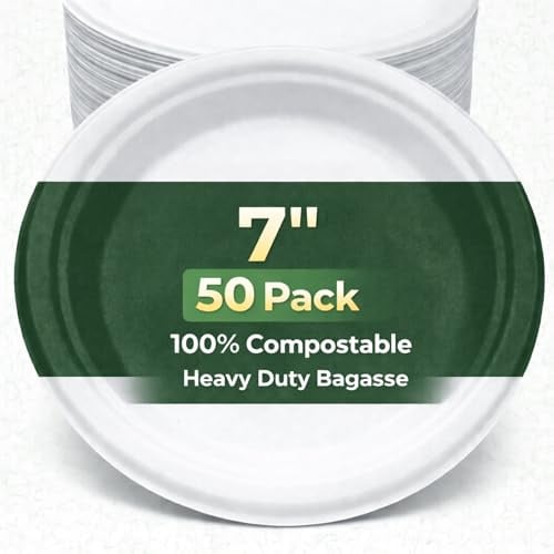 Ruiyang 50 Pack Extra Strong White Disposable Bagasse Plates, 7 Inch – 100% Compostable & Biodegradable Sugarcane Fibre Plates, Heavy-Duty Eco-Friendly for BBQ, Wedding, Office, Picnics & Parties