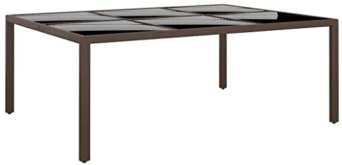 Keeushr Table de jardin avec plateau en verre marron 200 x 150 x 75 cm en rotin, table à manger durable avec revêtement par pulvérisation et cadre en acier pour terrasse, plateau en verre trempé