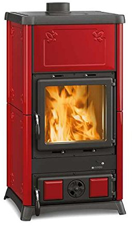 Nordica FEDORA Maiolica bordeaux 7112700. Focolare in ghisa con sistema di post combustione, rivestimento esterno in maiolica, porte, testata e basamento in ghisa smaltata vetro ceramico resistente fi