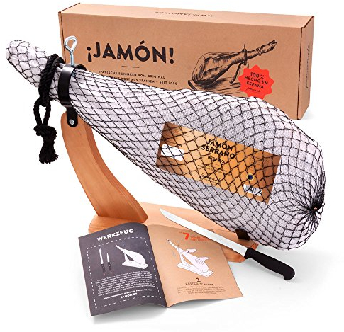 Jamon-Box Nr. 2 - Serrano-Schinken 6,5kg im Geschenk-Set mit Zubehör - 12 Monate gereifter Hinterschinken aus Spanien inklusive Schinkenständer, Schinkenmesser & Schneide-Anleitung von jamon.de