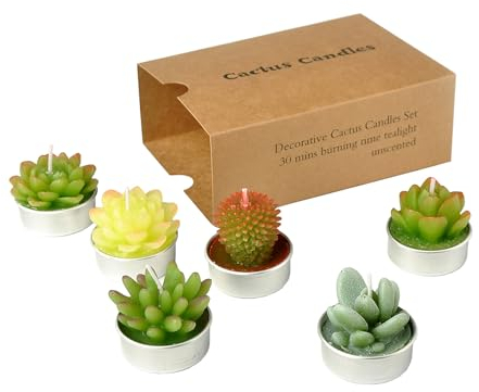 SanSeng Cactus Tealight Candles, Handmade Delicate Succulent Cactus Candles（ Perfect for Birthday Party,Wedding, Spa, Home Decor(6 Pcs in Pack)