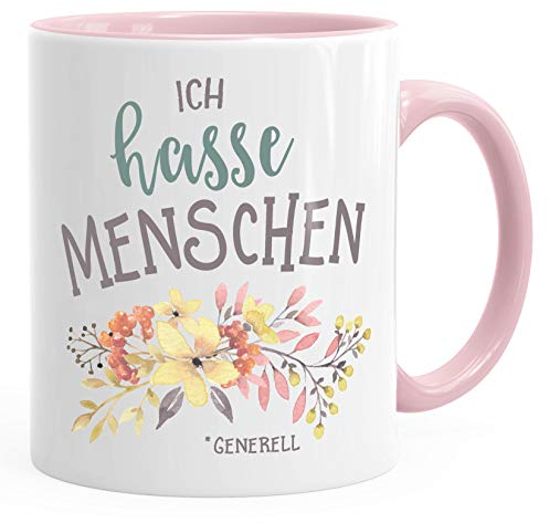 MoonWorks Büro-Tasse Ich Hasse Menschen Spruch Blumen Blumenranke Blüten bluming rosa Unisize