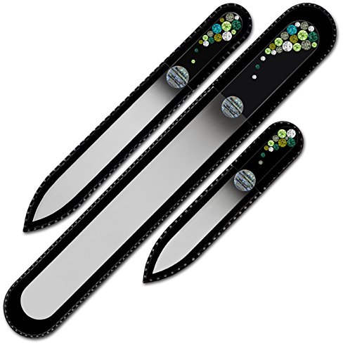 Mont Bleu Lot de 3 limes à ongles en verre, décorée à la main d’éléments Swarovski, pochette en velours noir | Véritable verre trempé tchèque, garantie à vie, Lime à ongles fait main en cristal